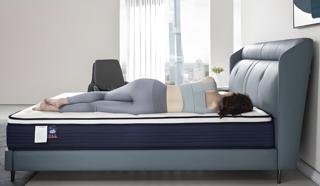 Side sleeper on a mattress showing hips and shoulders cradled with neutral posture.
